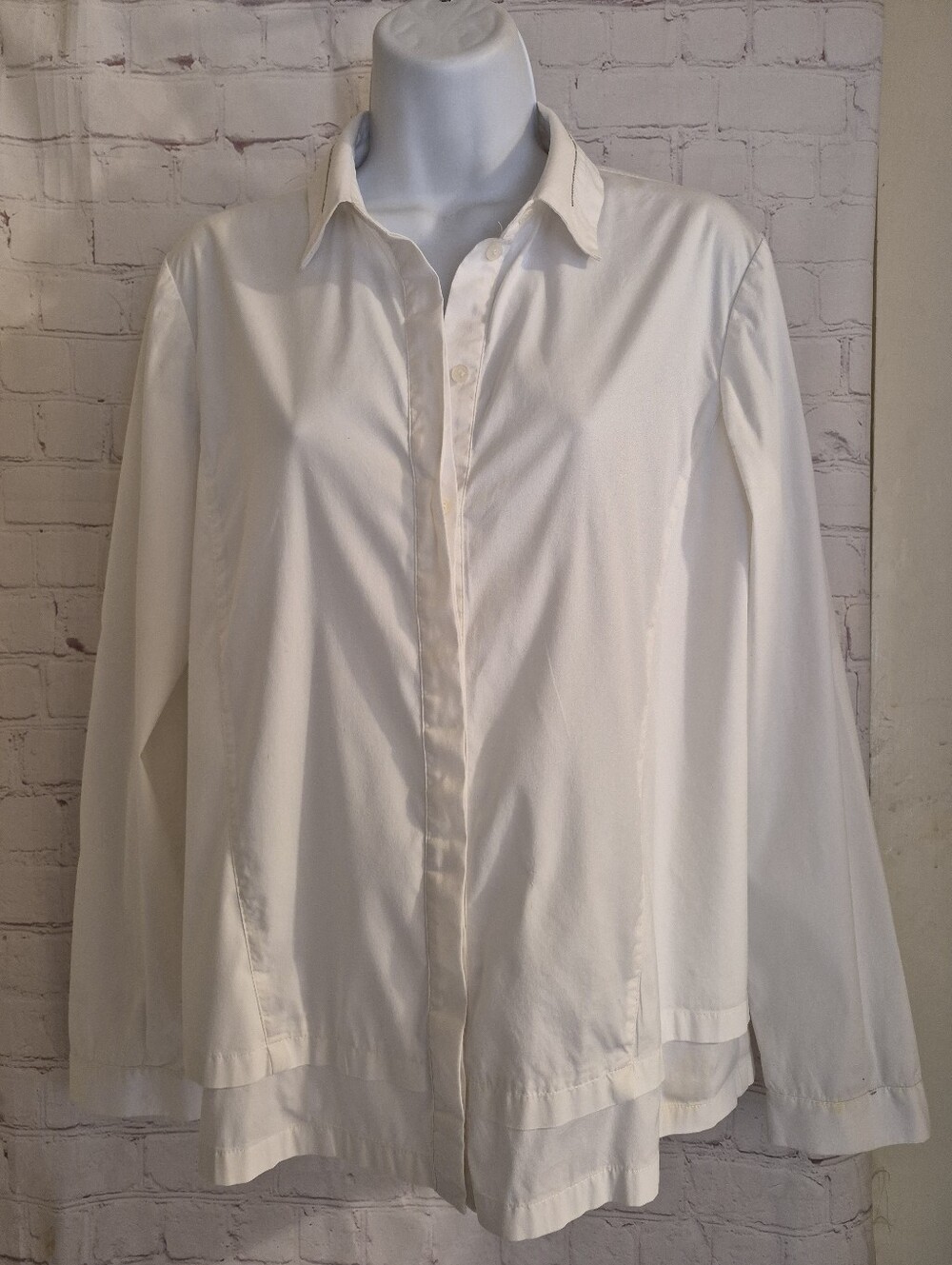 Lafayette 148 White Sateen Stretch Cotton Silver Chain Trim Blouse Sz. Med $398